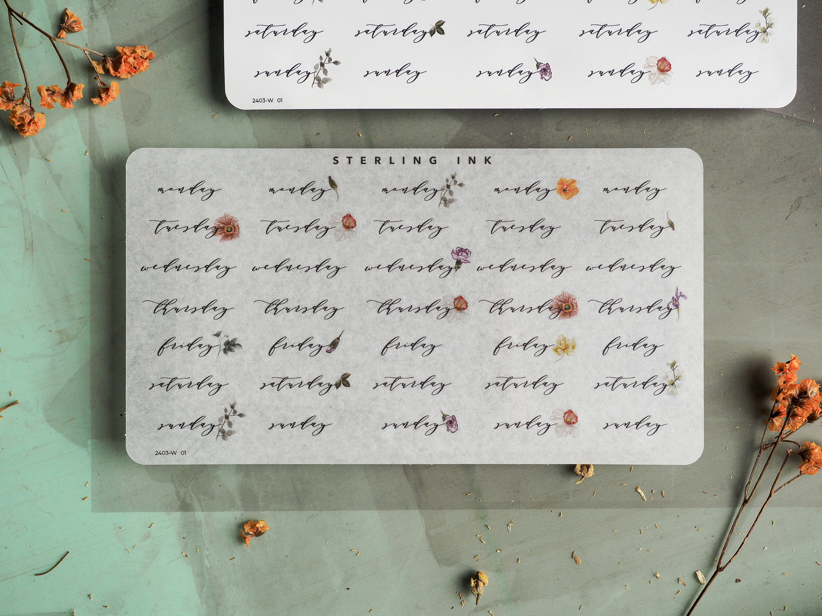 Vintage calendar sticker set for March 2024, featuring two sheets of rustic, distressed week day and date stickers printed with black, handwritten ink.