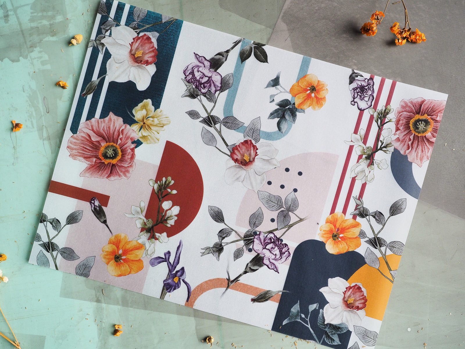 Botanical-themed stationery featuring vibrant watercolor florals, including peonies and irises, set against a modern backdrop of geometric navy, rust, and mustard blocks.