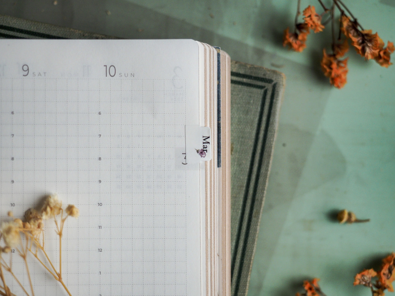 Grid planner page featuring a vertical 'March 2024' monthly tab insert, designed for organizing dates and planning appointments.