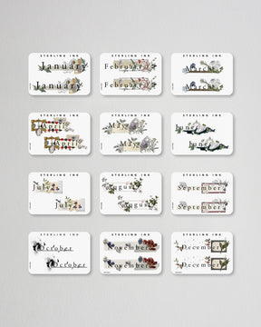2025 Print Monthly Calendar Stickers. All 12 months of stickers laid out.