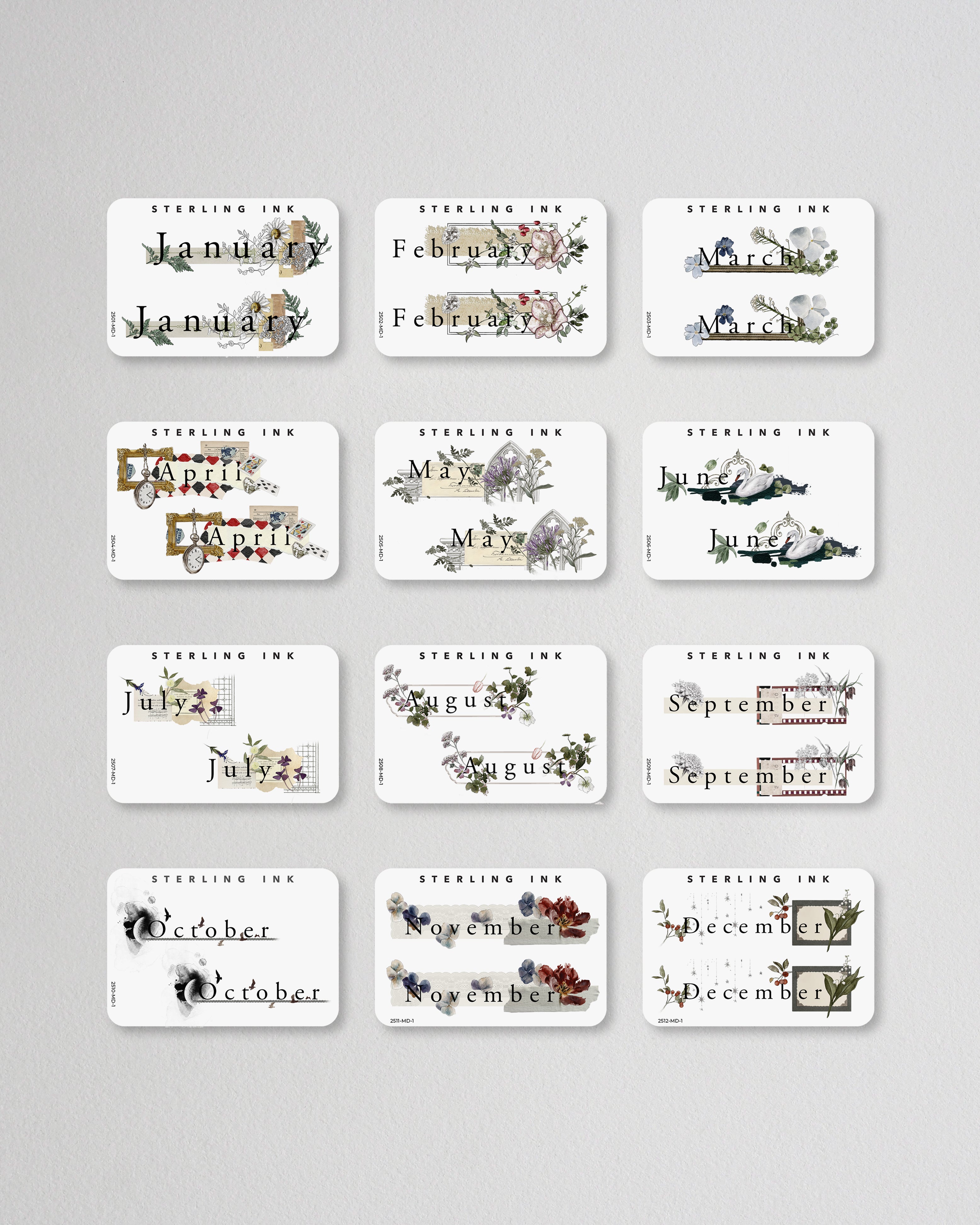 2025 Print Monthly Calendar Stickers. All 12 months of stickers laid out.