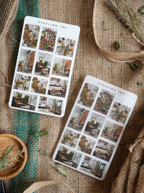 Stamps Stickers for March 2025 featuring a grid pattern of rustic, vintage-style images detailing overgrown architecture, ivy, and aged stone.