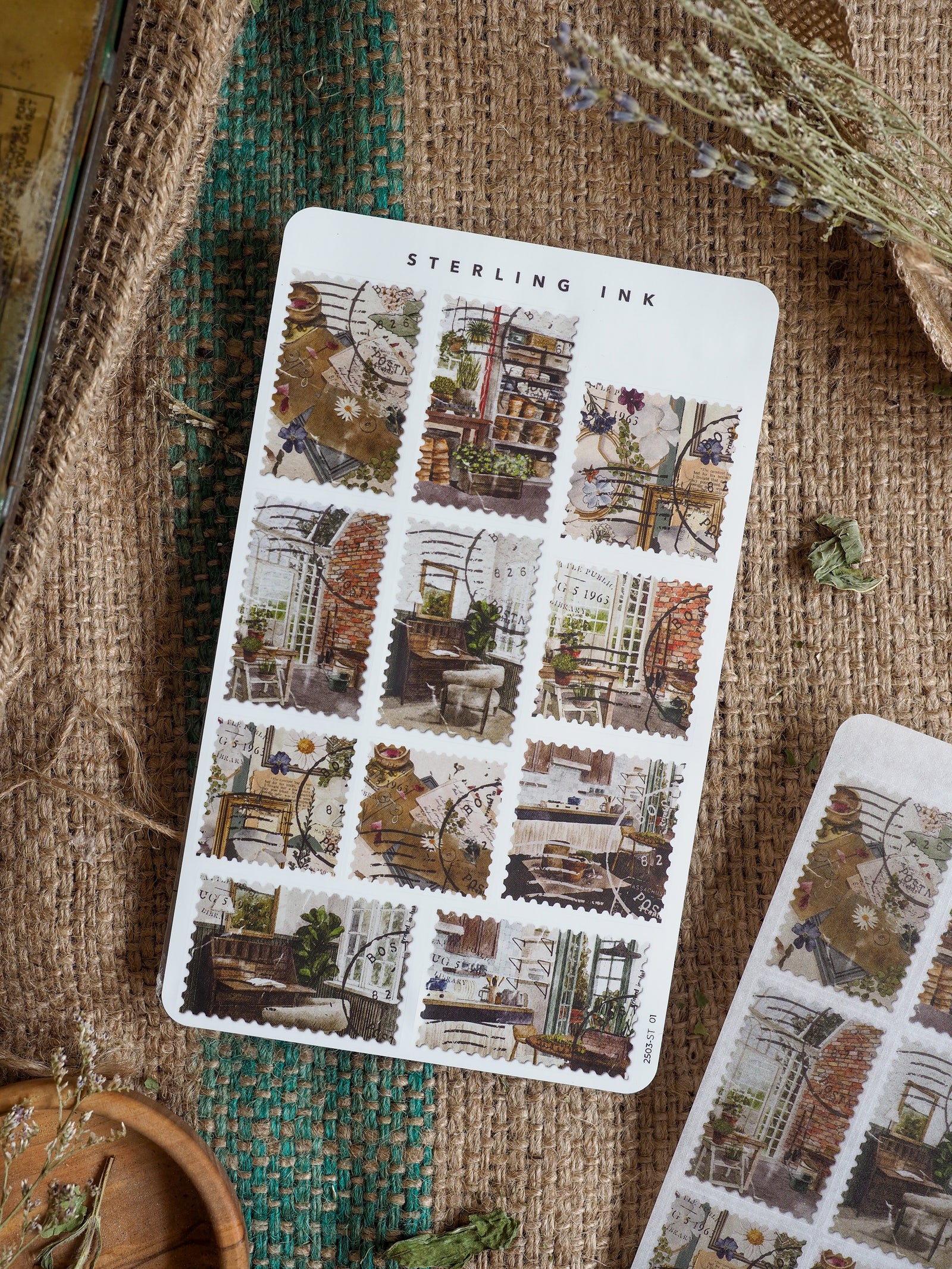Sterling Ink sticker set featuring a grid of vintage architectural stamps with detailed, antique illustrations of historic street scenes and charming shop interiors.