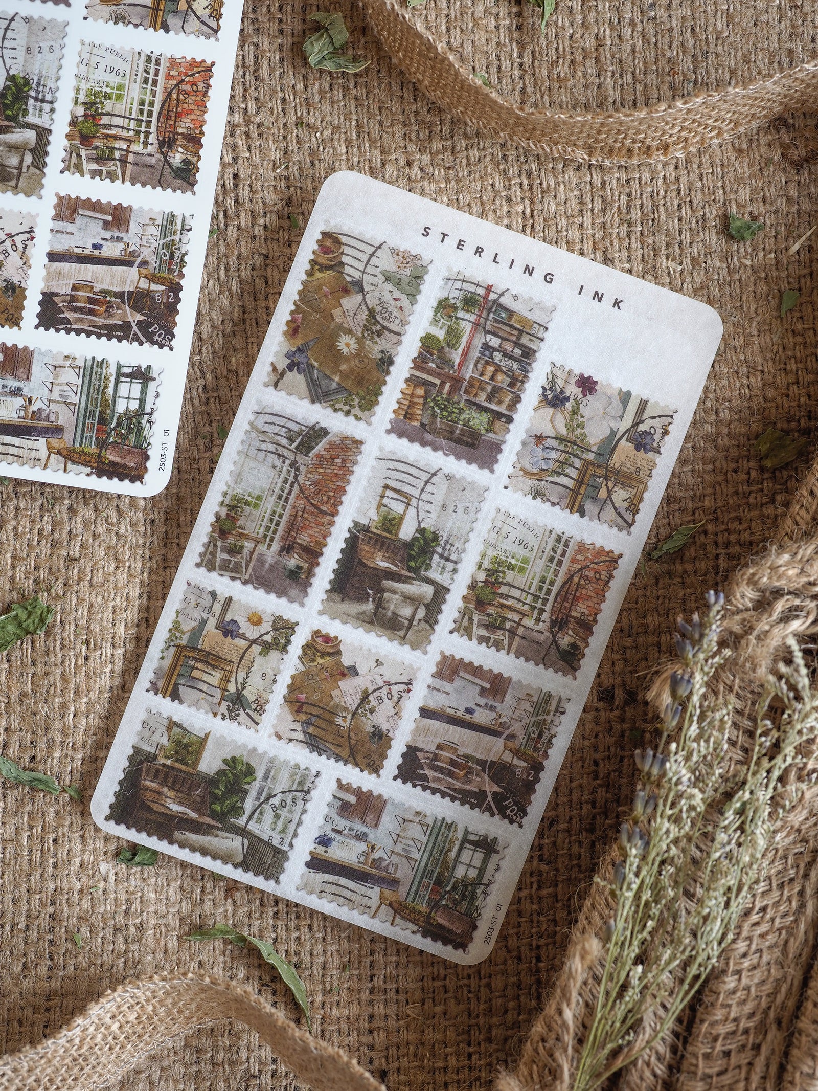 Vintage sepia-toned sticker sheet featuring grid layouts of architectural postcard designs and historical travel scenes for journaling or scrapbooking.