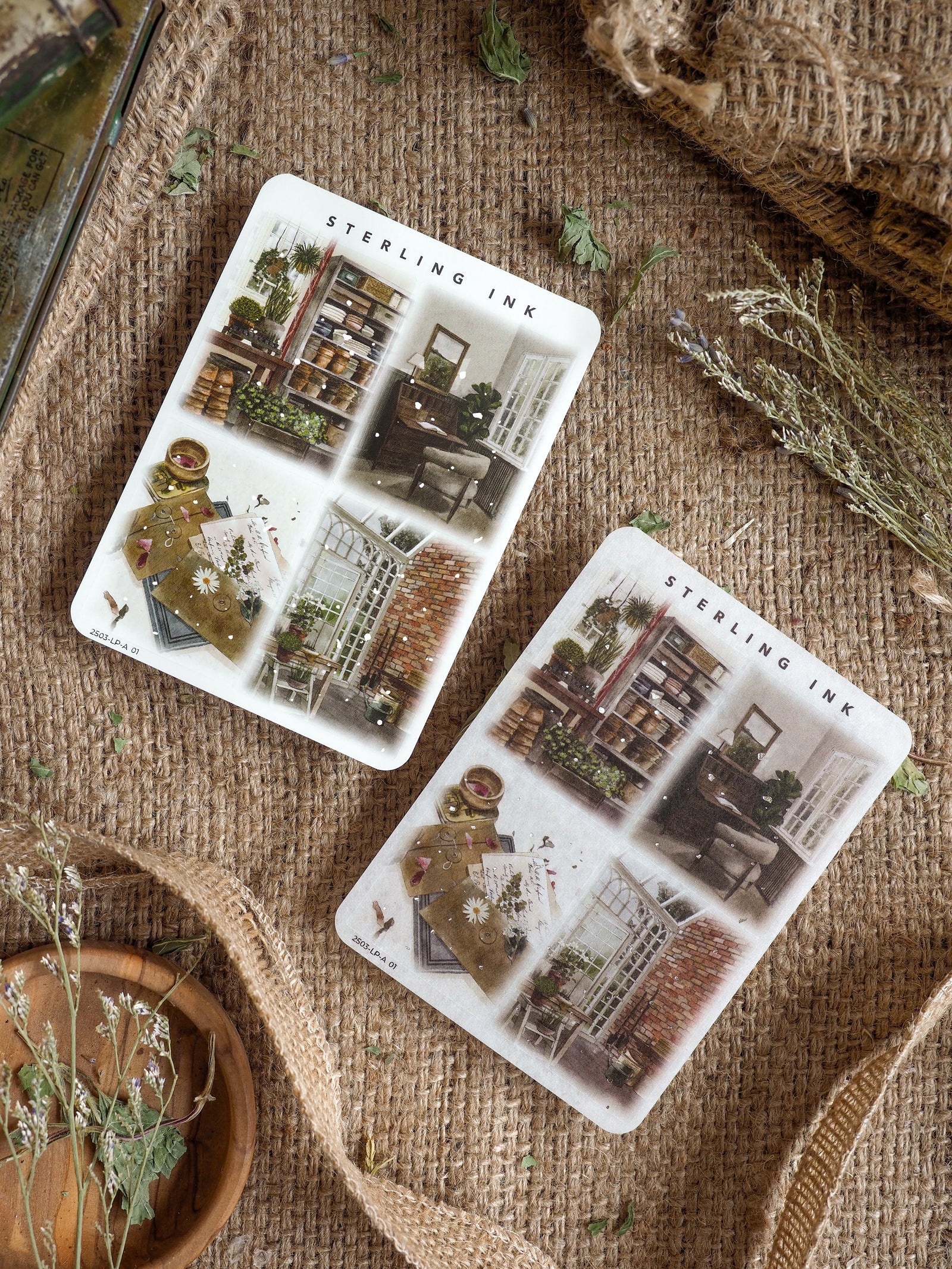 Set of large illustration stickers featuring vintage architectural blueprints and detailed cityscapes in a classic, sepia-toned grid layout.