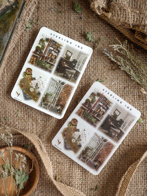 Set of large illustration stickers featuring vintage architectural blueprints and detailed cityscapes in a classic, sepia-toned grid layout.