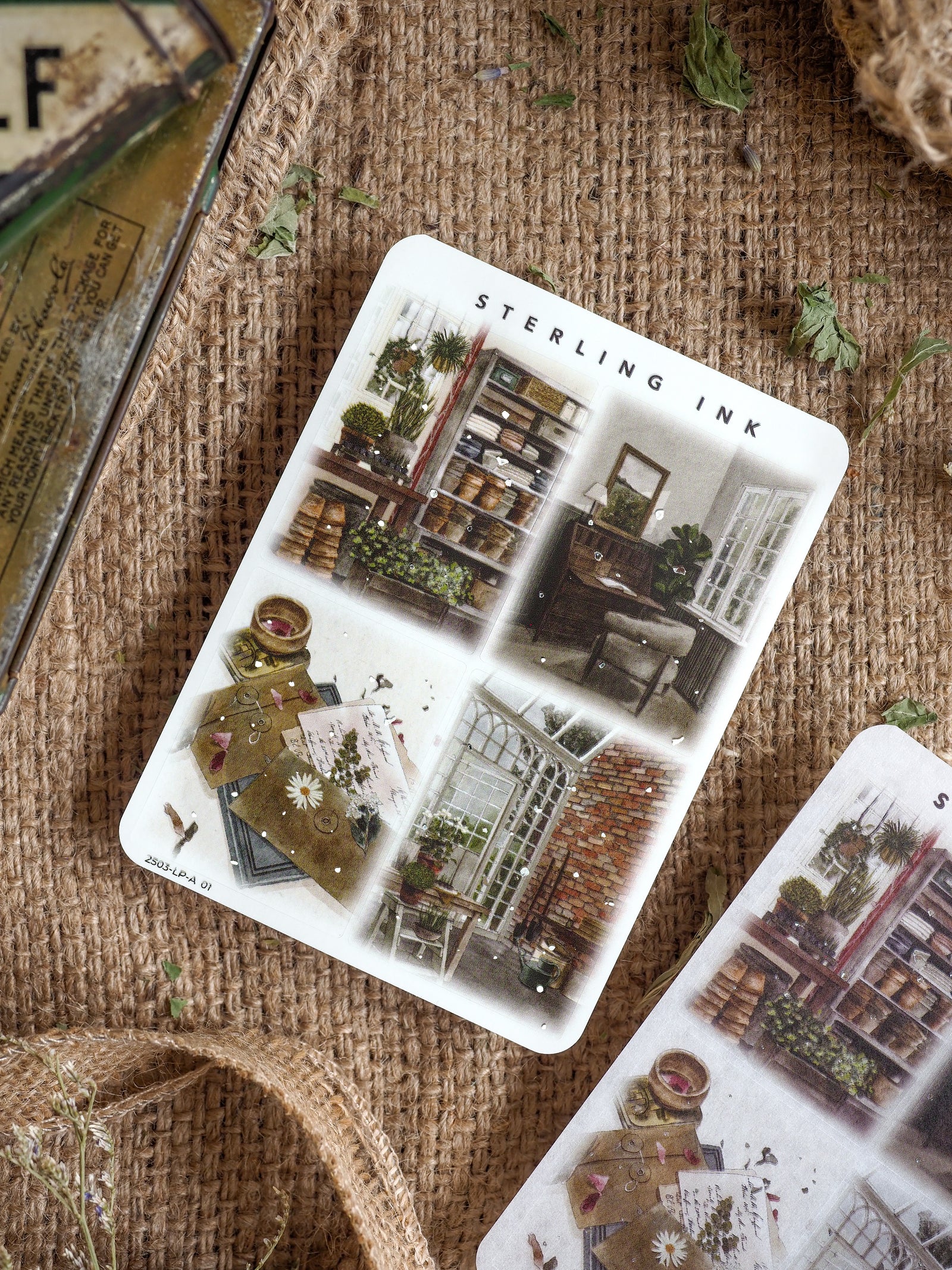 Vintage illustration stickers featuring academic and whimsical designs, including stacked books, antique libraries, and cozy bookstore scenes.