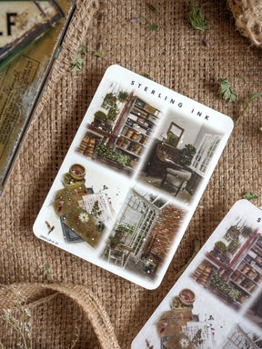Vintage illustration stickers featuring academic and whimsical designs, including stacked books, antique libraries, and cozy bookstore scenes.
