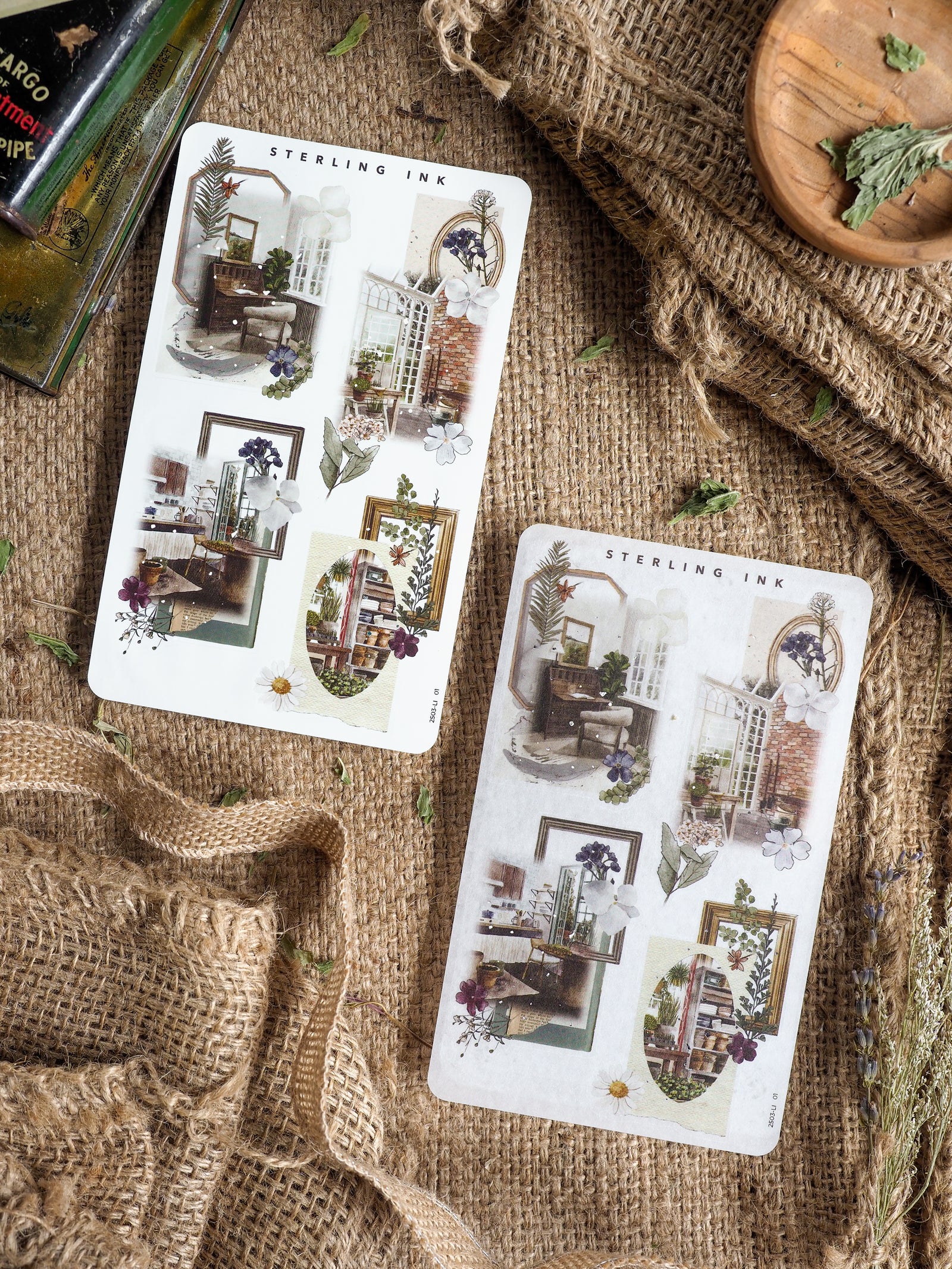 Vintage collage stickers featuring elegant architectural vignettes, floral illustrations, and framed room interiors perfect for scrapbooking and journaling.