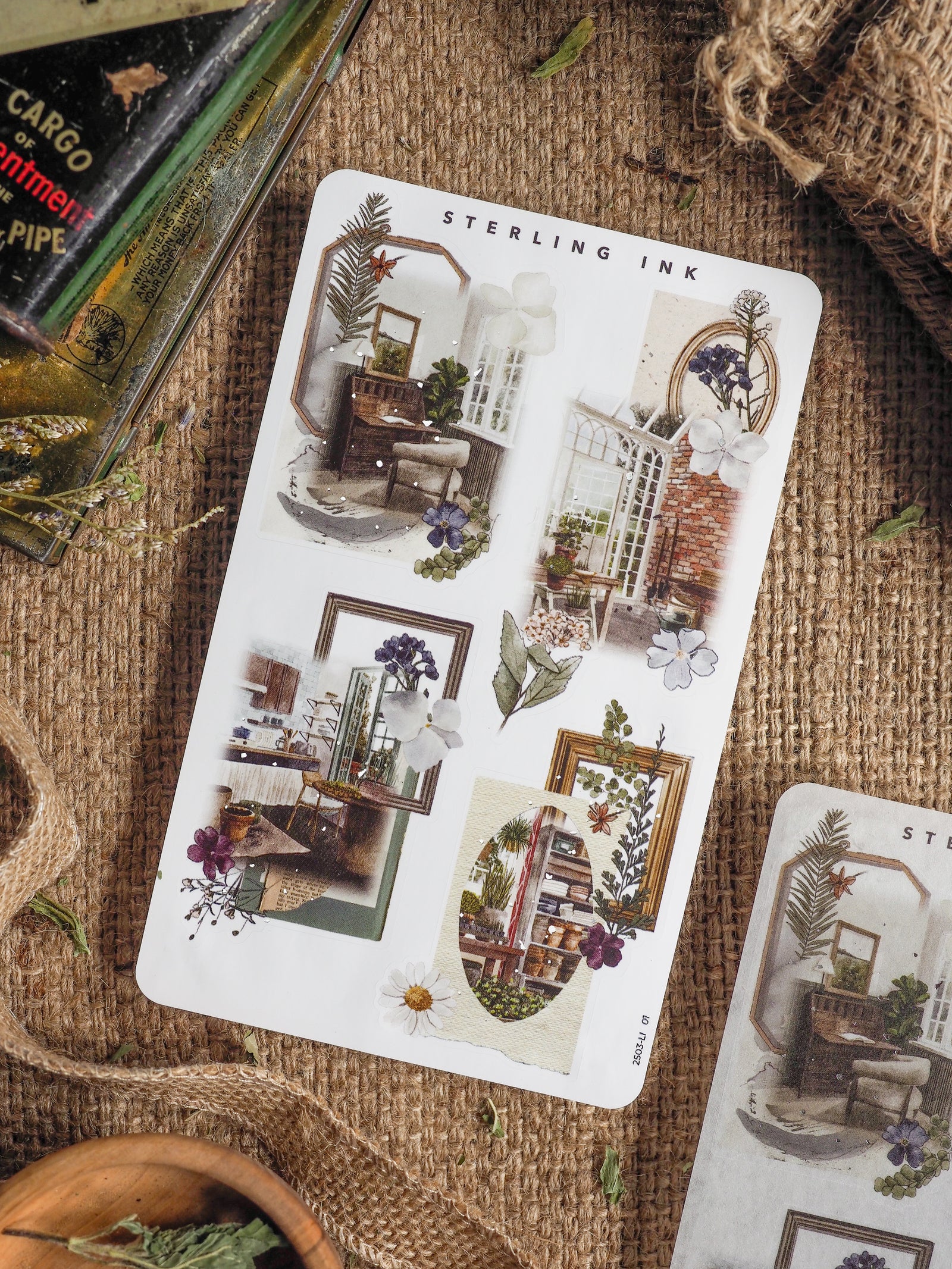 A sheet of vintage collage stickers featuring detailed architectural vignettes, floral elements, and decorative frames for journaling and scrapbooking.