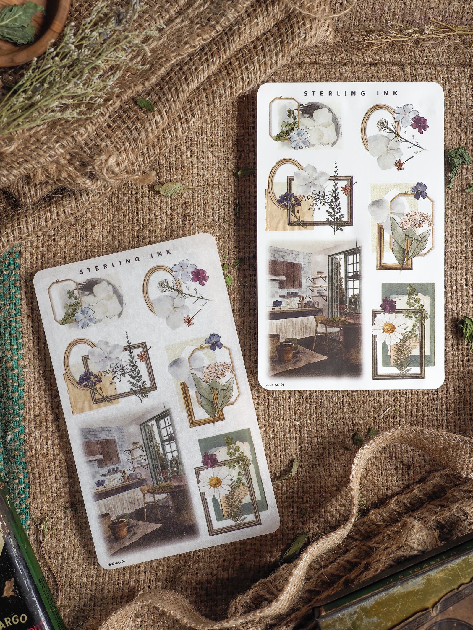 Decorative sticker sheet featuring watercolor botanical florals, wreath arrangements, and vintage-style bouquets perfect for journaling or scrapbooking.
