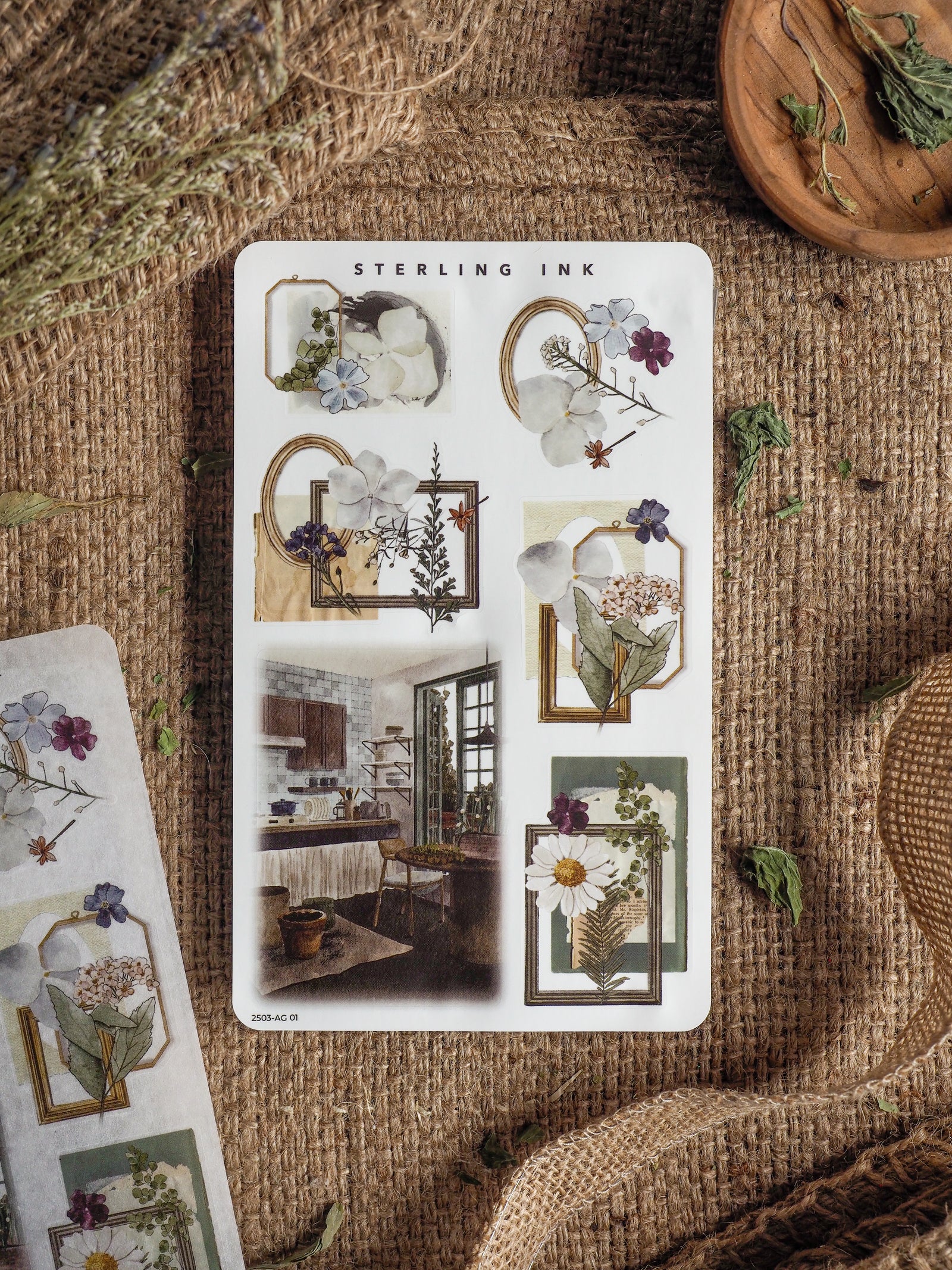 Decorative arrangement stickers featuring pastel floral bouquets, elegant gold picture frames, and rustic botanical vignettes perfect for journaling or scrapbooking.