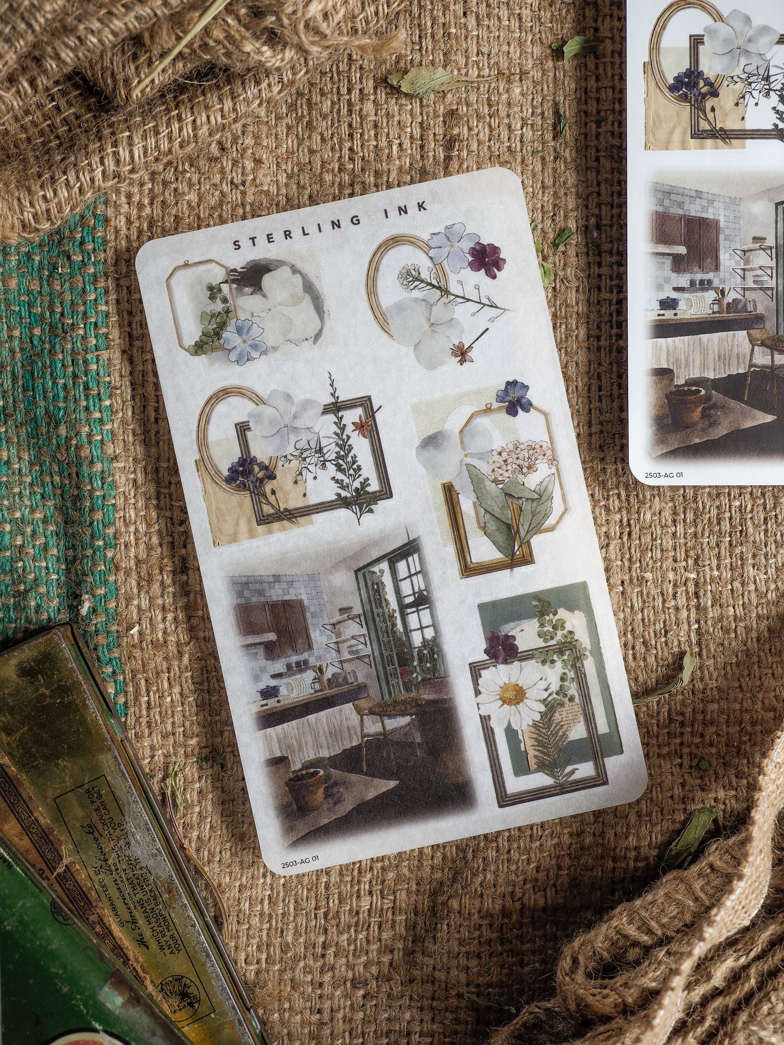 Sticker sheet featuring diverse botanical arrangements and vintage vignettes, blending muted floral illustrations with rustic kitchen scenes.