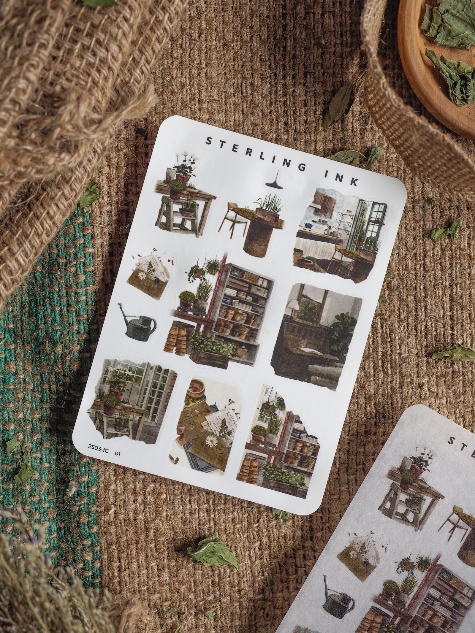 Sheet of Mini Elements Icon Stickers featuring detailed, sepia-toned illustrations of rustic botanical items, furniture, and miniature everyday objects.