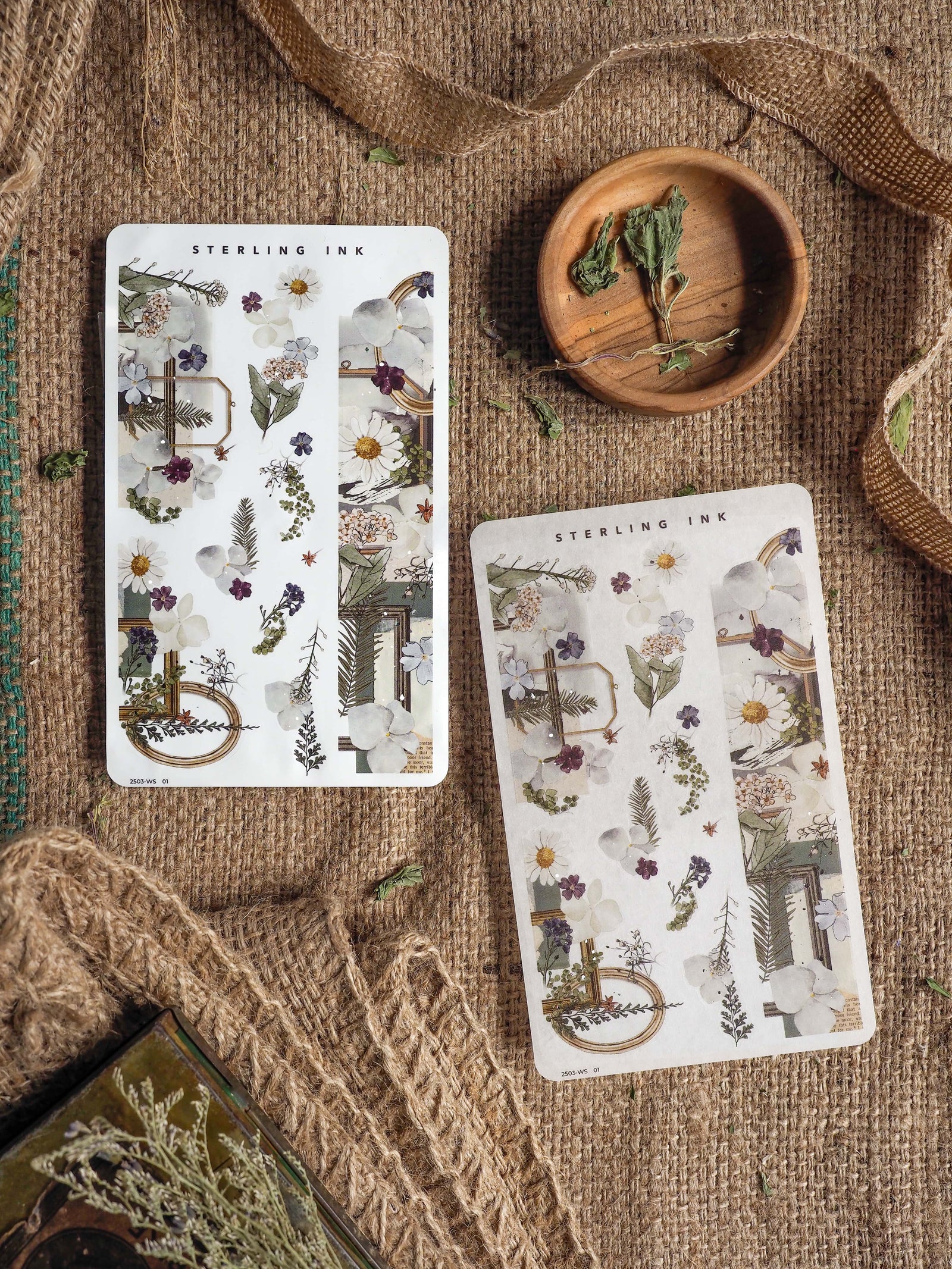 Elegant washi strip stickers featuring a detailed botanical pattern of hand-drawn white daisies, various leafy sprigs, and delicate floral illustrations.