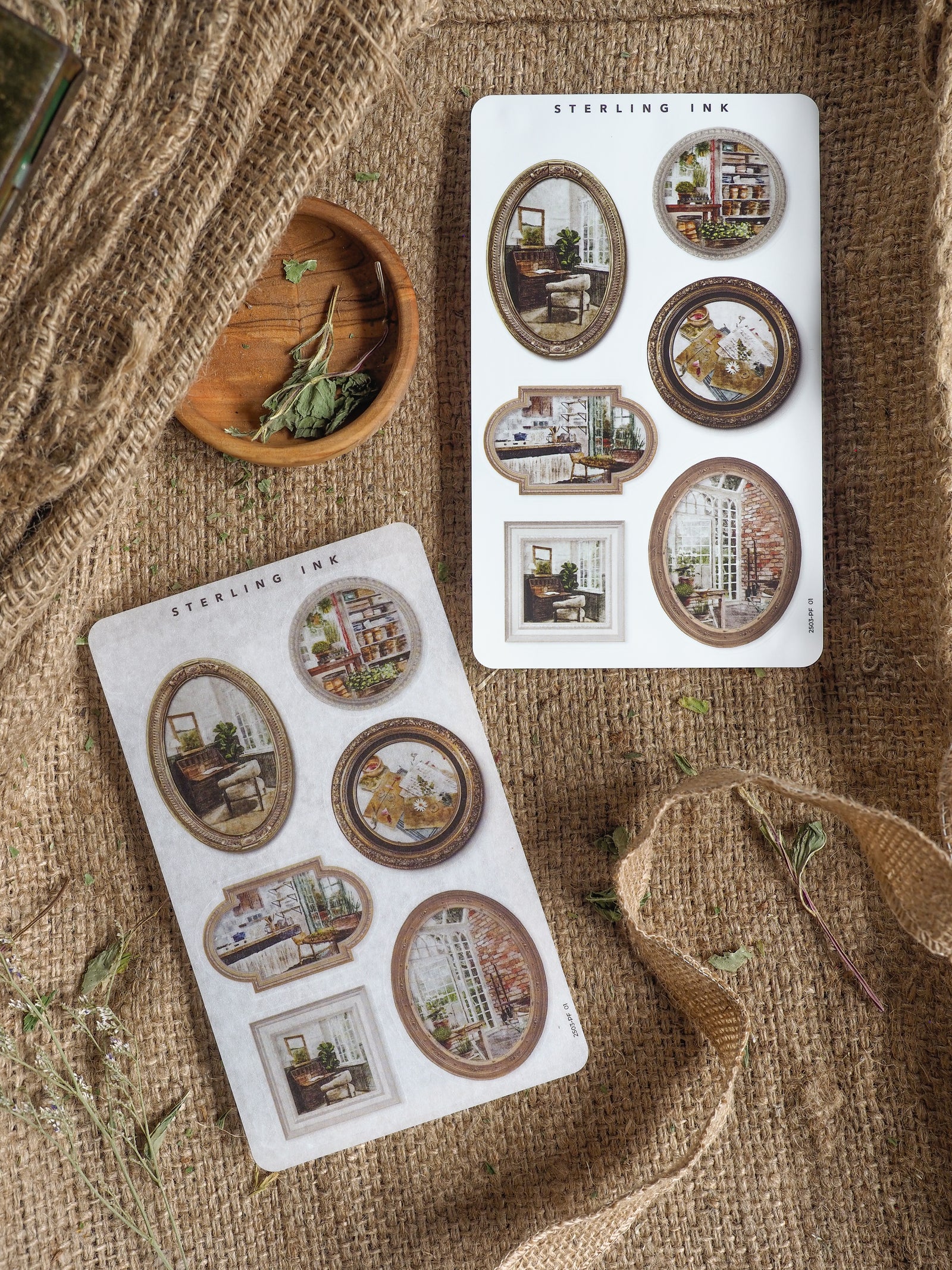 Archival sticker sets featuring sepia-toned, ornate vintage picture frames surrounding nostalgic architectural vignettes and rustic scenes.