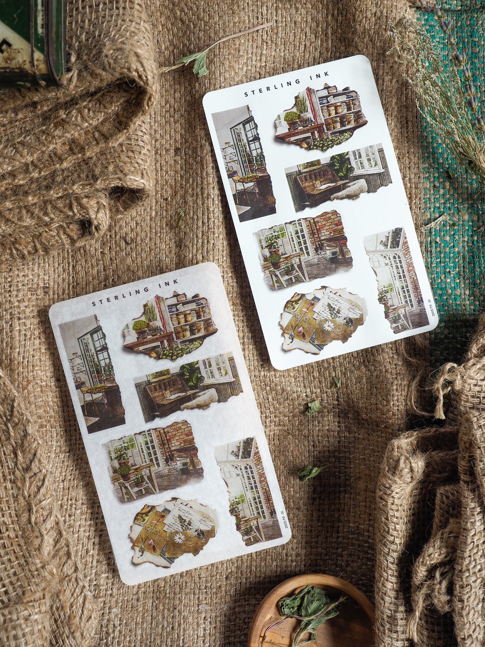 Collage-style die-cut stickers depicting ripped ephemera and detailed illustrations of distressed vintage city architecture and buildings.