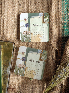 Seasonal March 2025 calendar stickers decorated with soft watercolor blues, greens, and delicate botanical floral clusters.