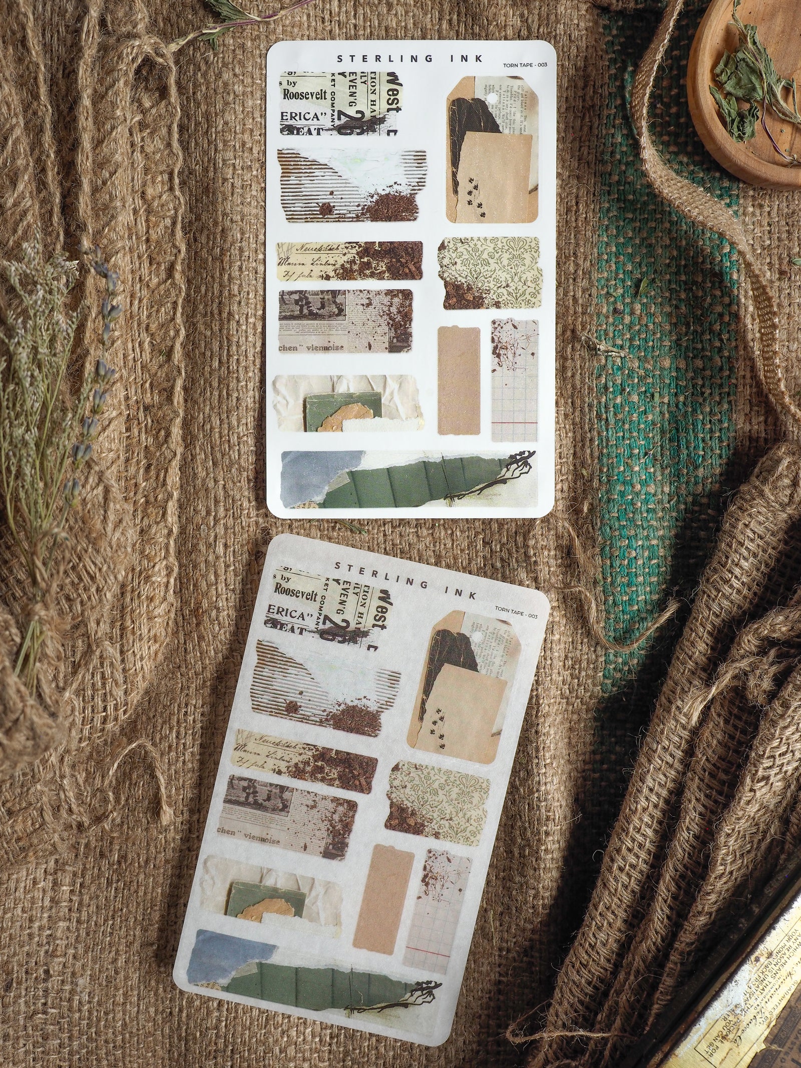 Vintage-themed sticker sheet featuring distressed ephemera, stamps, and torn paper elements in a grid pattern of sepia, beige, and muted brown tones.
