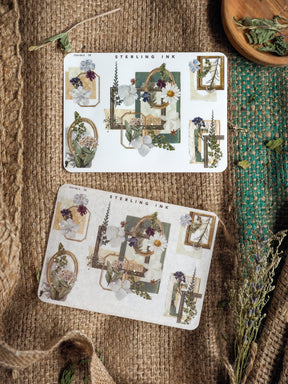 Decorative edges and corners stickers featuring elegant botanical frames, watercolor florals, and leafy motifs in muted, vintage tones.