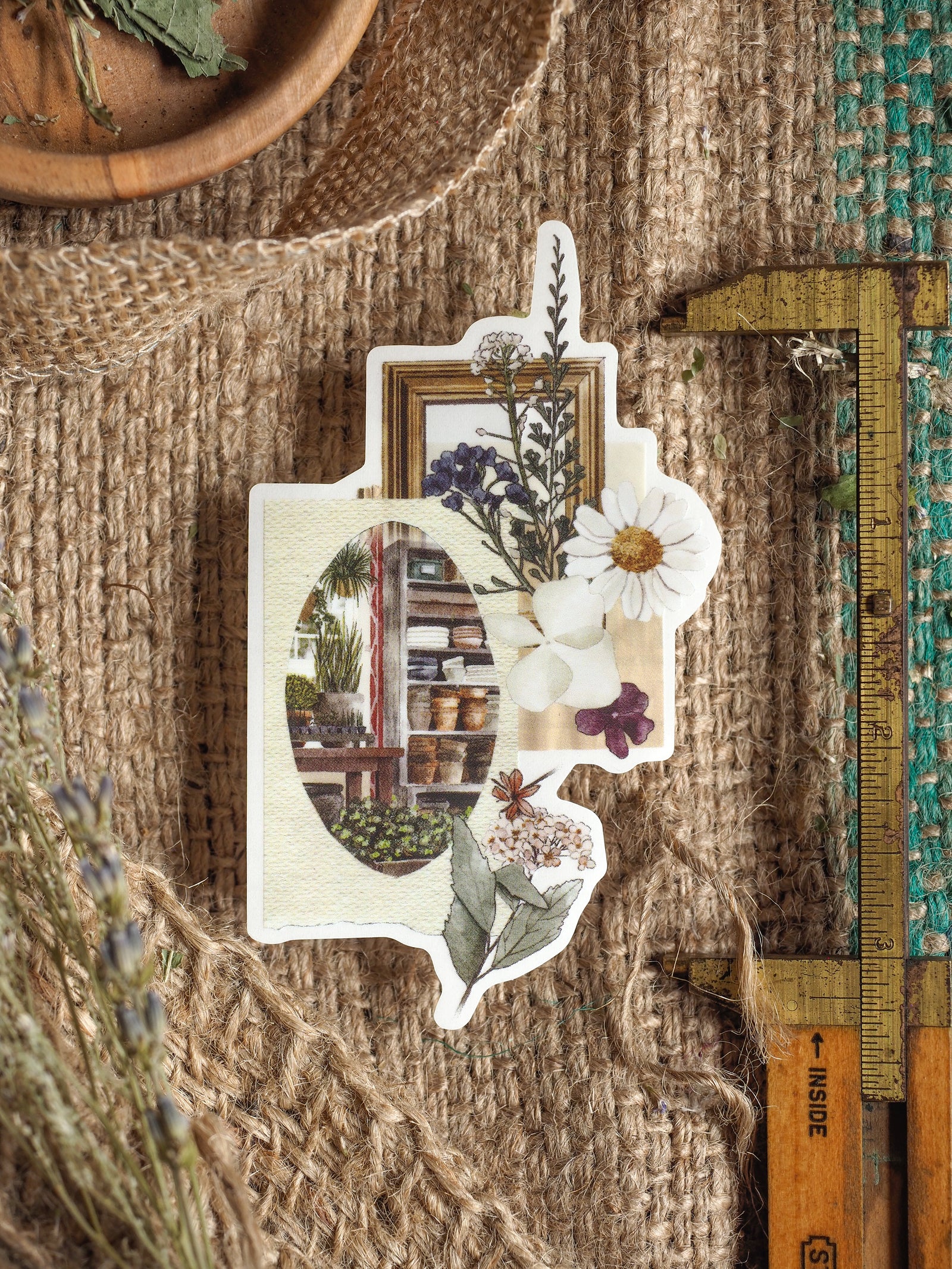 A collection of clear vinyl die-cut stickers featuring a rustic stacked scene and various delicate floral bouquets, perfect for journaling and crafting.