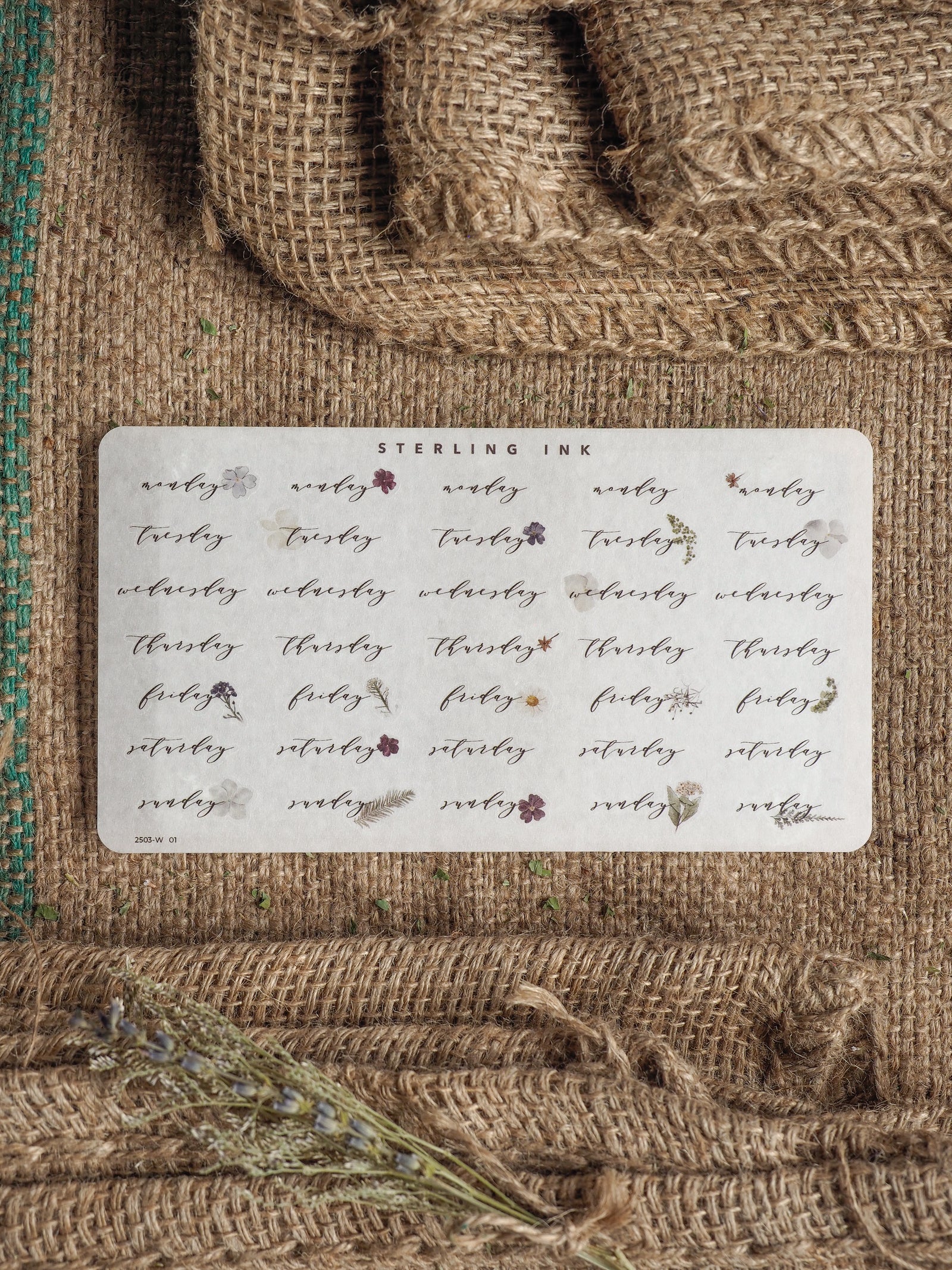 A printable sticker sheet from Sterling Ink featuring a March 2025 calendar layout with weekly dates and delicate botanical illustrations.