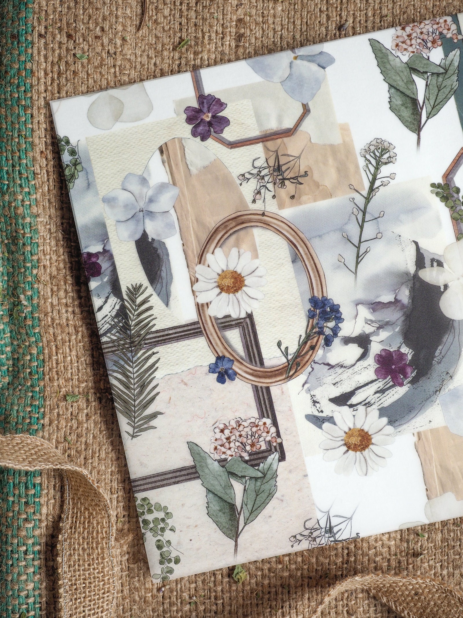 Planner cover featuring a romantic botanical collage of muted watercolor flowers, leaves, and delicate nature illustrations in pastel earth tones.