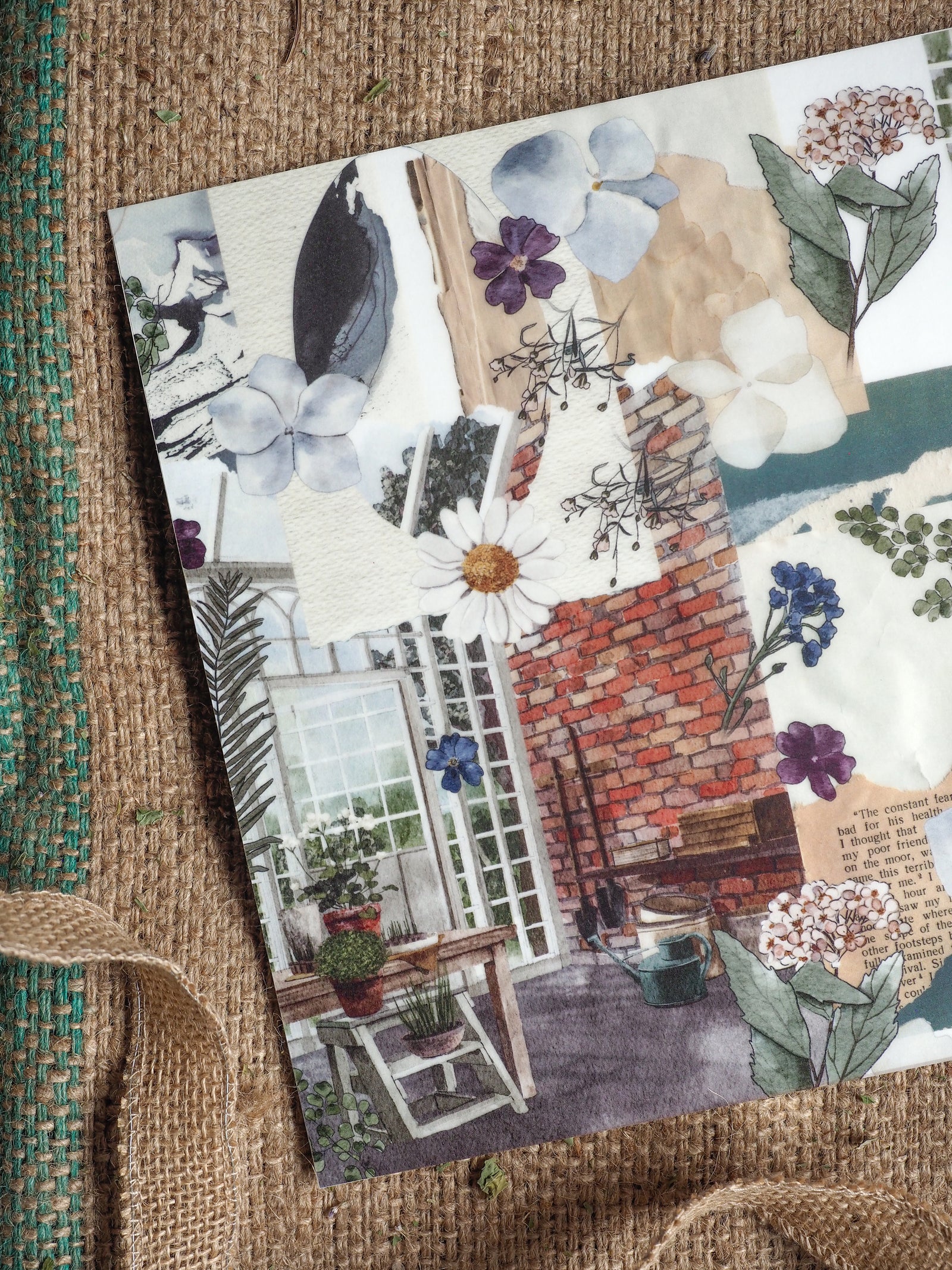 Romantic botanical print titled 'Vellum - March 2025,' showcasing soft blue florals, delicate daisies, exposed brickwork, and vintage windows.