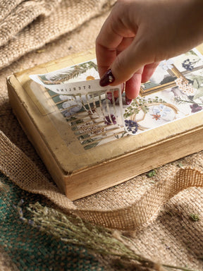 Vintage thin strip stickers featuring delicate blue and cream floral patterns, marking the month of March 2025.