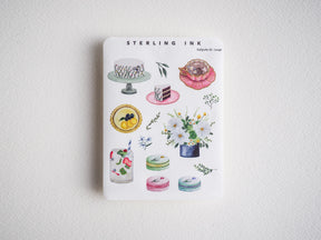 Cute baking and floral watercolor sticker set. Designs include cakes, cupcakes, fruit tarts, and bouquets. Perfect for sweet