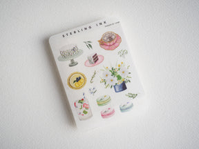Watercolor sticker set: Macarons, tiered cakes, floral bouquets, and cute pastel dessert illustrations perfect for