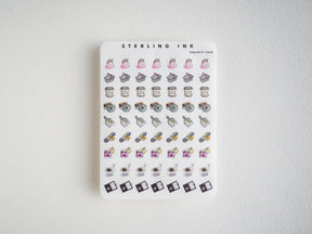 Cute sticker set of desserts, cupcakes, cocktails, pastries, and small kitchen goods for journaling and planning.
