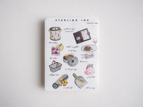 Watercolor sticker collection: baking, brewing, press, baker, and cozy artisanal lifestyle illustrations set.
