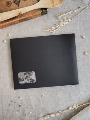 Matte slate-grey card background accented by a delicate rectangular sticker showcasing soft watercolor blooms in muted shades of mauve, pink, and forest green.