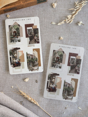 Vintage collage sticker sheet featuring architectural photos of European streets, muted sepia tones, and historic buildings perfect for journaling and scrapbooking.