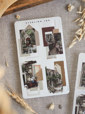 Collage sticker set with warm, sepia-toned images of vintage architecture, featuring arched doorways, facades, and cozy interior detailing.