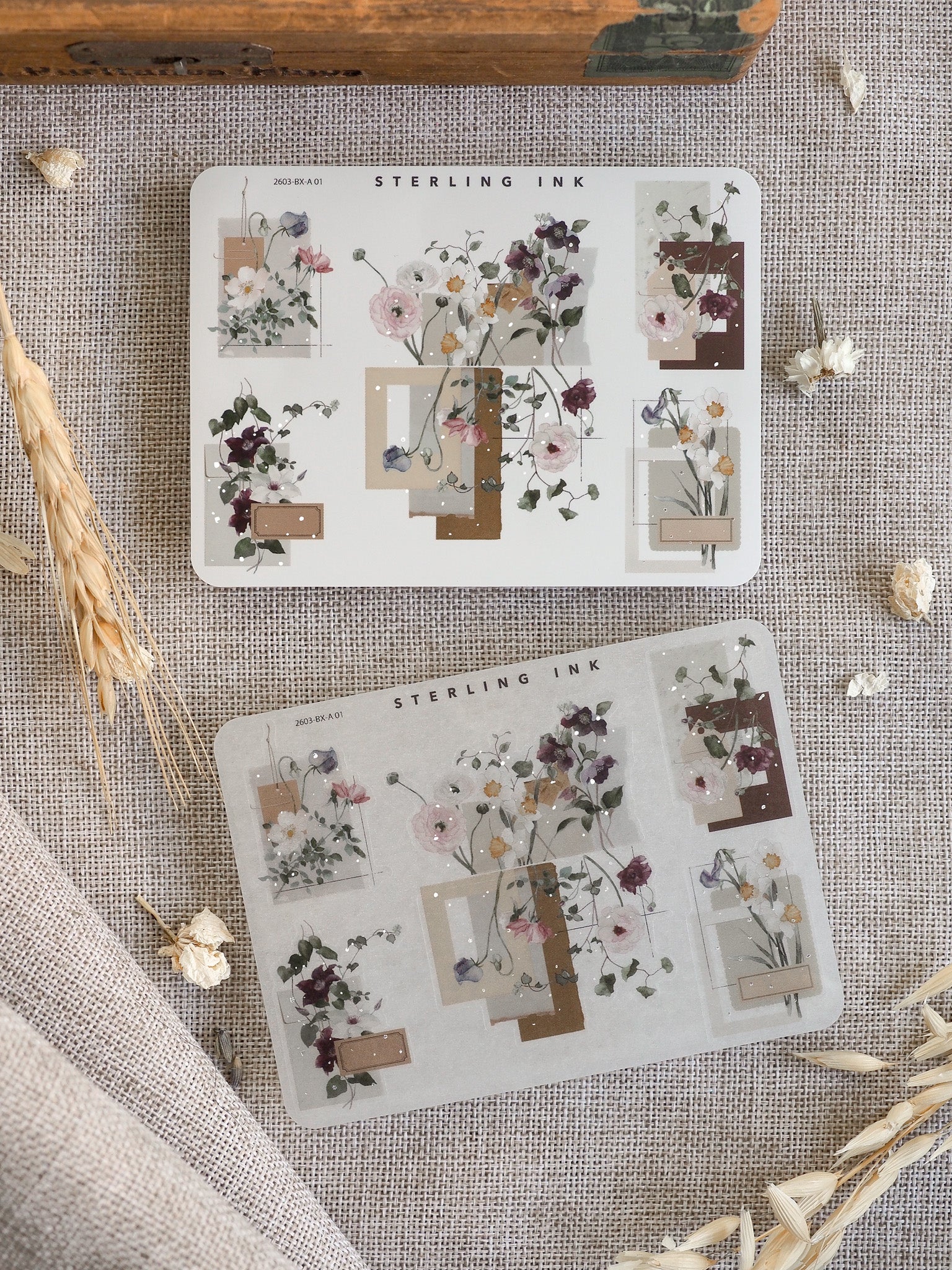 Highly decorative sticker sheets showcasing romantic watercolor florals, muted pink roses, and tailored corner accents in soft earth tones.