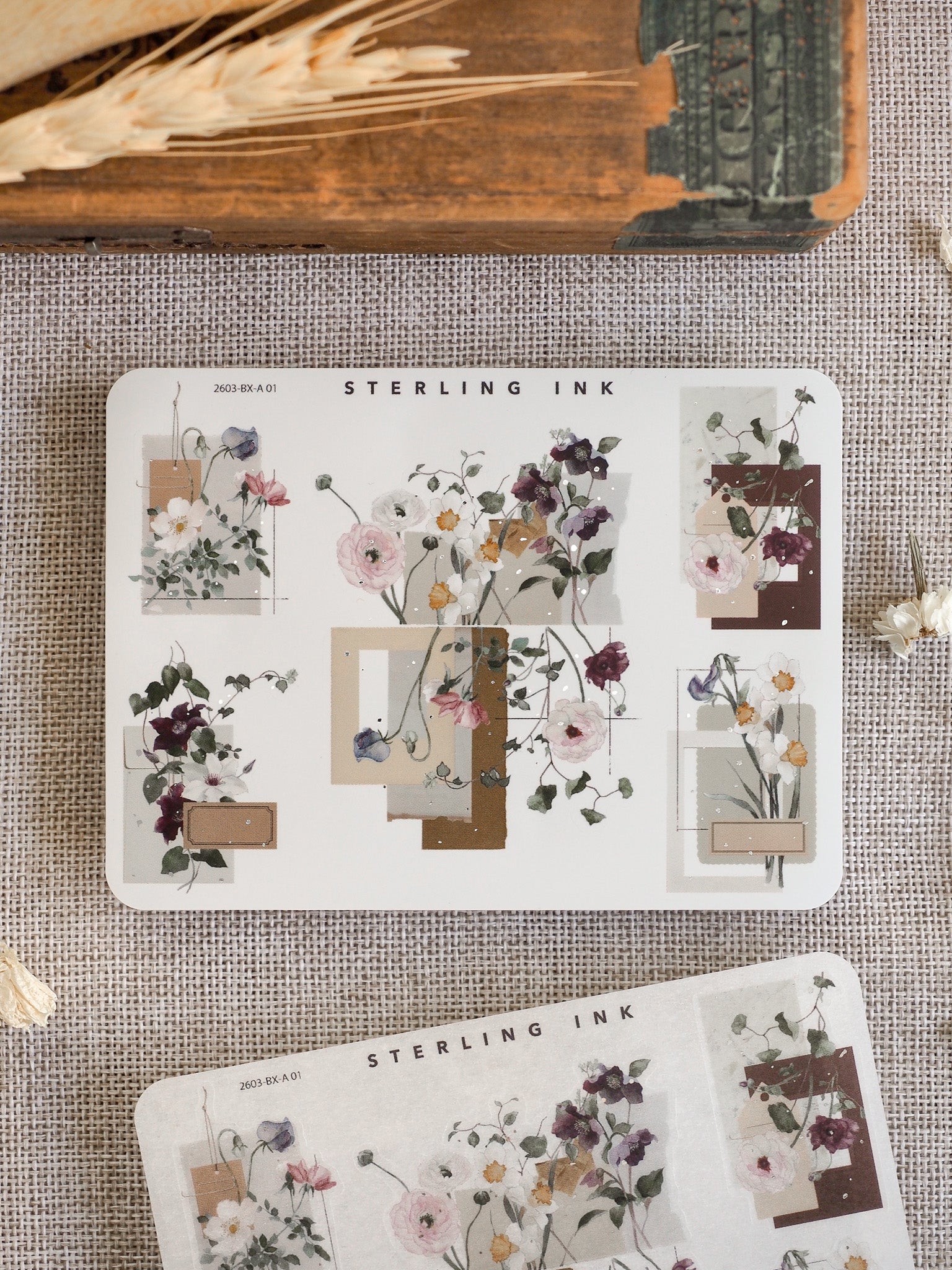 Delicate floral edges and corners stickers featuring muted watercolor roses and rich greenery, accented with decorative frames and silver foil for journaling.