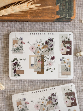 Delicate floral edges and corners stickers featuring muted watercolor roses and rich greenery, accented with decorative frames and silver foil for journaling.