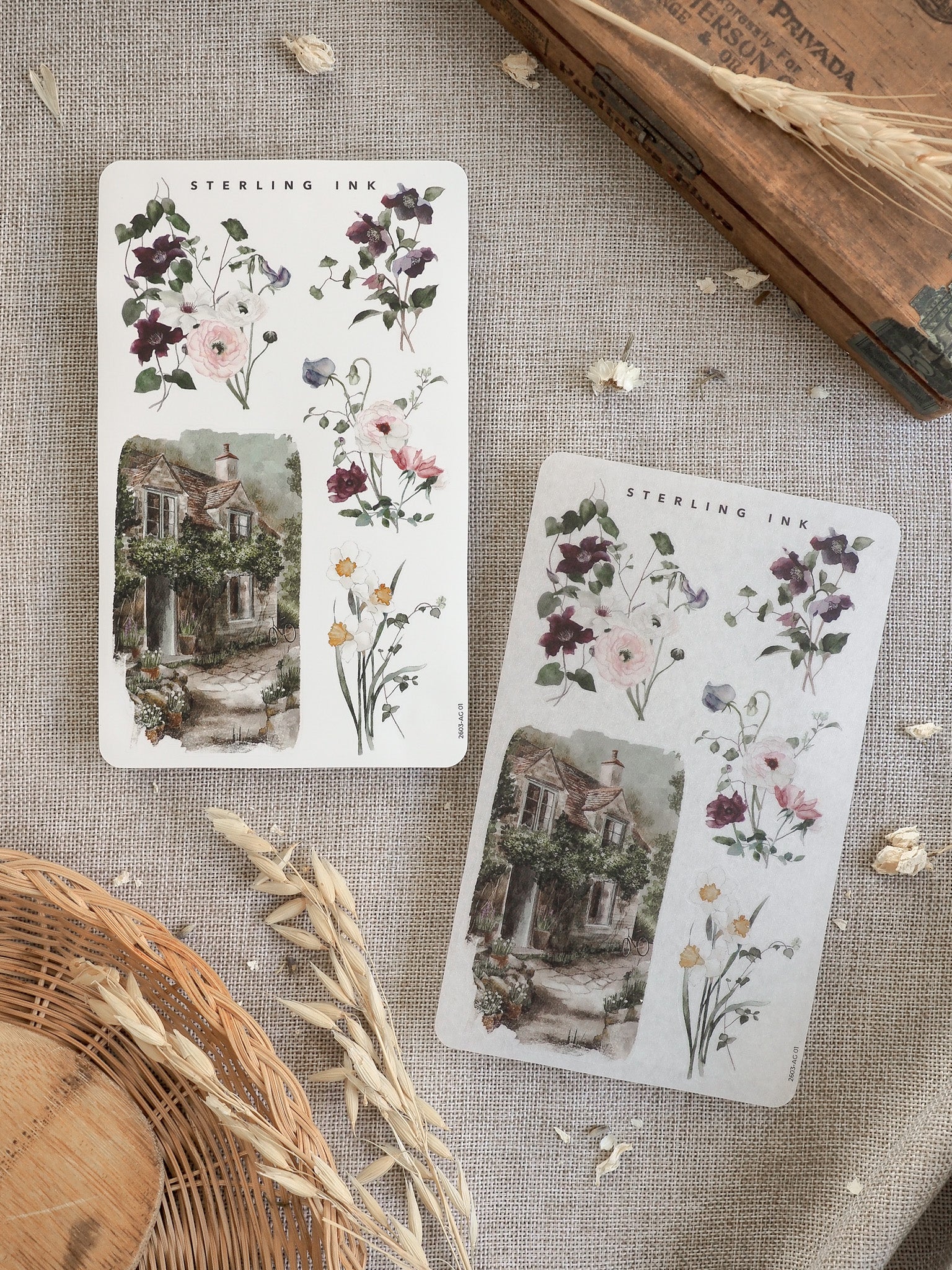 Vintage floral sticker sheet featuring delicate watercolor arrangements of spring blooms, roses, and a charming cottage facade.