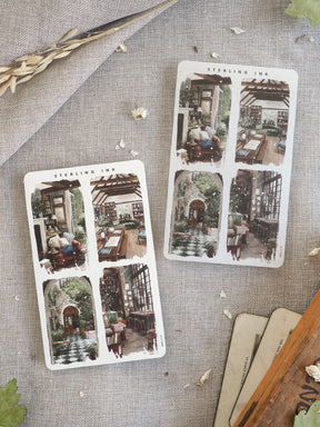 Vintage architectural sticker sheets featuring charming grid illustrations of cozy European interiors and detailed cobblestone street scenes.