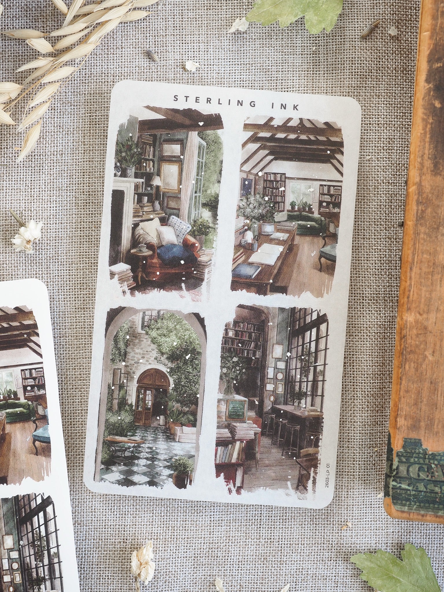 Sheet of large, vintage-style illustration stickers featuring cozy bookstore and library scenes, perfect for journaling and crafting.