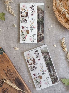 Elegant washi sticker strips featuring a muted watercolor palette of blooming pink roses, verdant foliage, and charming vintage architecture.