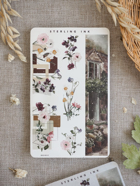 Watercolor floral washi stickers featuring soft spring bouquets, deep purple blooms, and earthy geometric accent boxes.