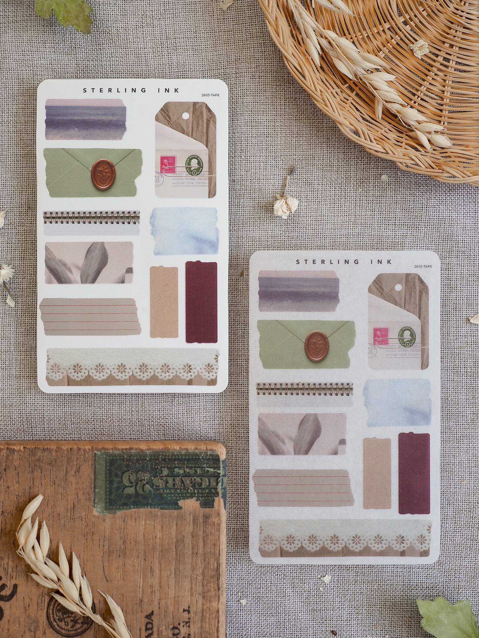 Muted vintage torn tape stickers for March 2026 featuring decorative washi tapes in sage green, dusty blue, and rust-colored seasonal patterns.