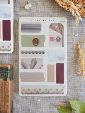 A decorative set of torn tape stickers featuring various earthy tones, including slate blue, terracotta, muted sage, and patterned lace borders for journaling scrapbooking.