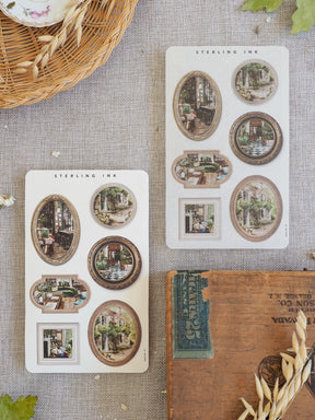 March 2026 picture frame stickers featuring diverse antique-style photo vignettes, including arched and square frames of historical scenes.