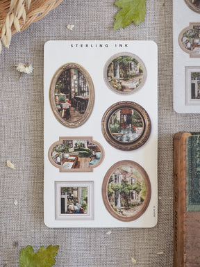 Vintage sepia-toned sticker set featuring various picture frame designs showcasing detailed illustrations of gardens, historical buildings, and classic interiors.