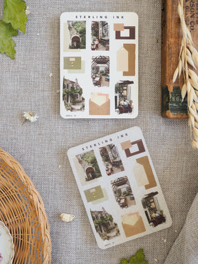 Mini elements icon stickers in neutral beige tones, featuring various architectural sketches like arches and doorways for decorating planners and journals.