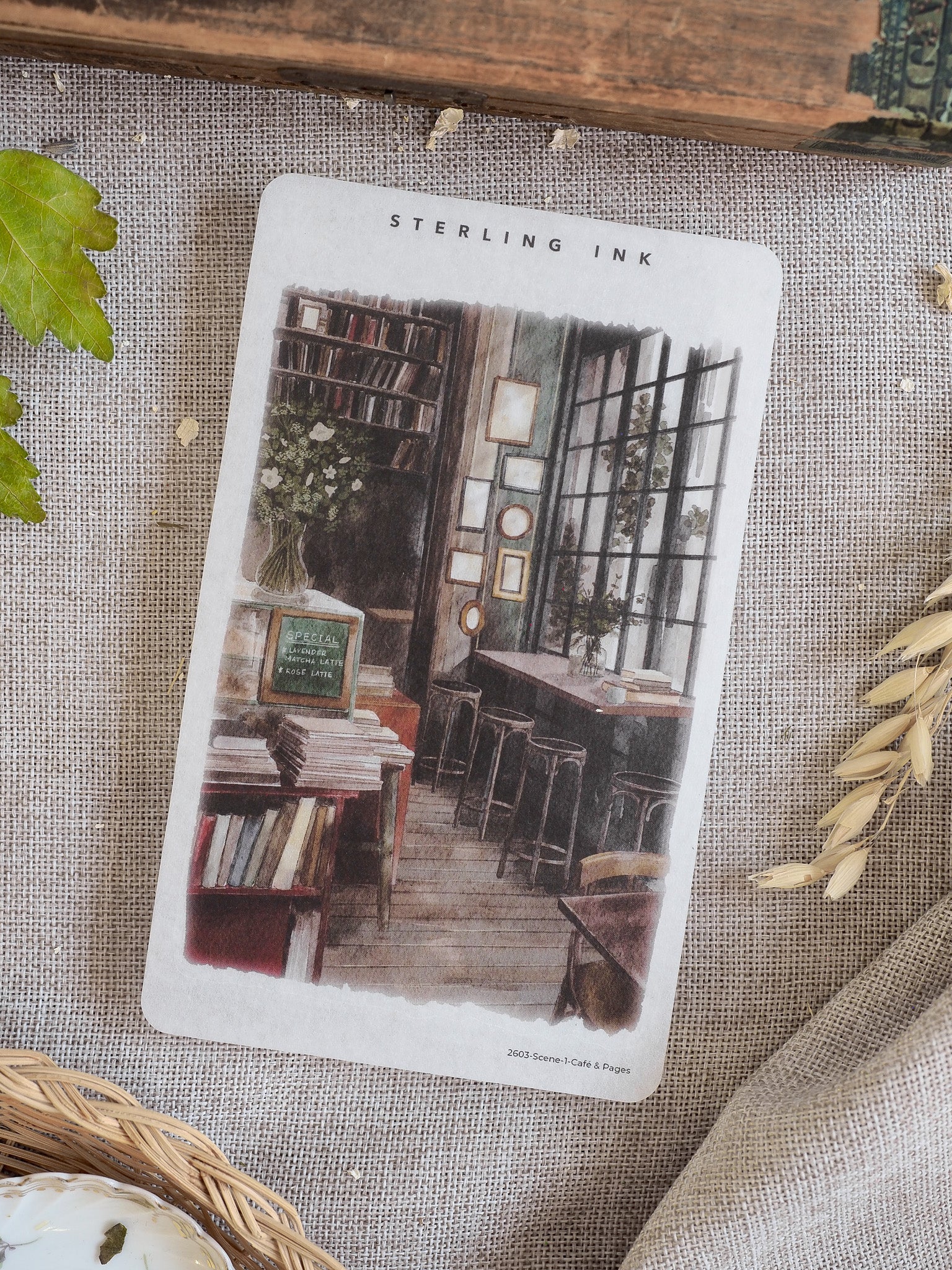 Vintage illustration sticker depicting a cozy, detailed interior cafe scene with packed bookshelves and warm, rustic atmosphere.